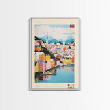 Skien Norway Travel Poster Framed Canvas Print, Midcentury Modern Art, Pop Art Wall Decor, Scenic Wall Art, Bedroom Art