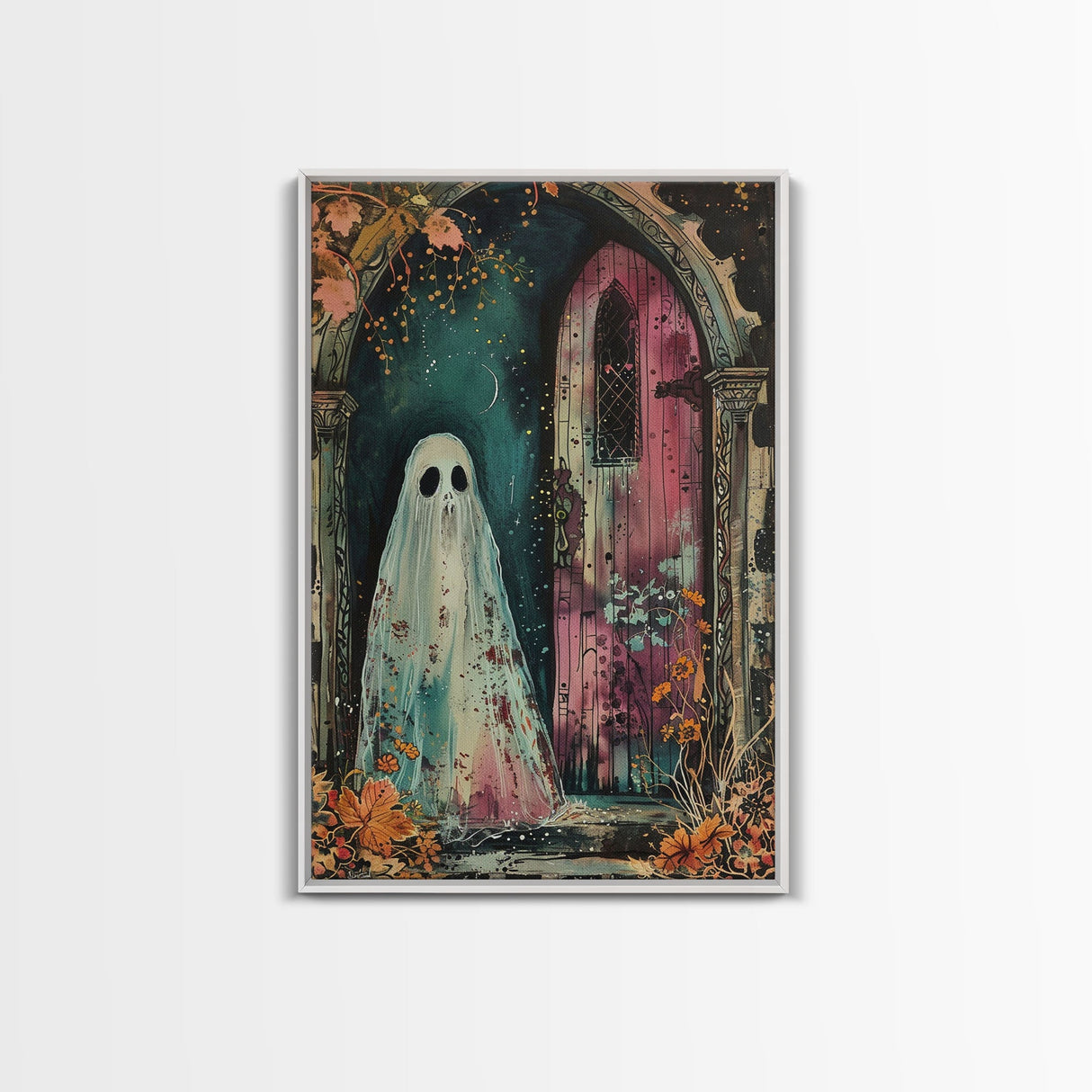 Ghostly Figure at Haunted Door Framed Canvas Print, Halloween Spirit Decor, Spooky Ghost Art, Haunted House Wall Art, Creepy Ghostly Print