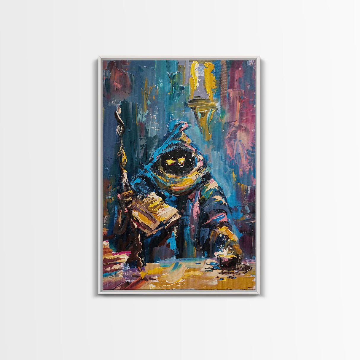 Halloween Creepy Wizard Reading Spells Framed Canvas Print, Spooky Wall Art, Home Decor, Occult Decor, Gift Idea, Dark Magic