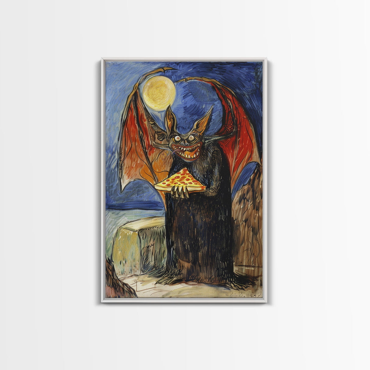 Halloween Vampire Bat with Pizza Under Full Moon Framed Canvas Print, Humorous Wall Art, Home Decor, Whimsical Decor, Gift Idea, Spooky Fun