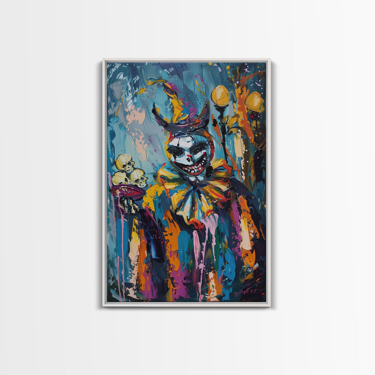 Halloween Grinning Clown with Skulls Framed Canvas Print, Scary Wall Art, Home Decor, Haunted Decor, Gift Idea, Creepy Circus