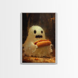 CHOMP! Cute Lil Ghost Eatin' a Dog, The Hot Dog Ghost, Haunted Hot Dog Thief, Framed Canvas Print, Halloween Art