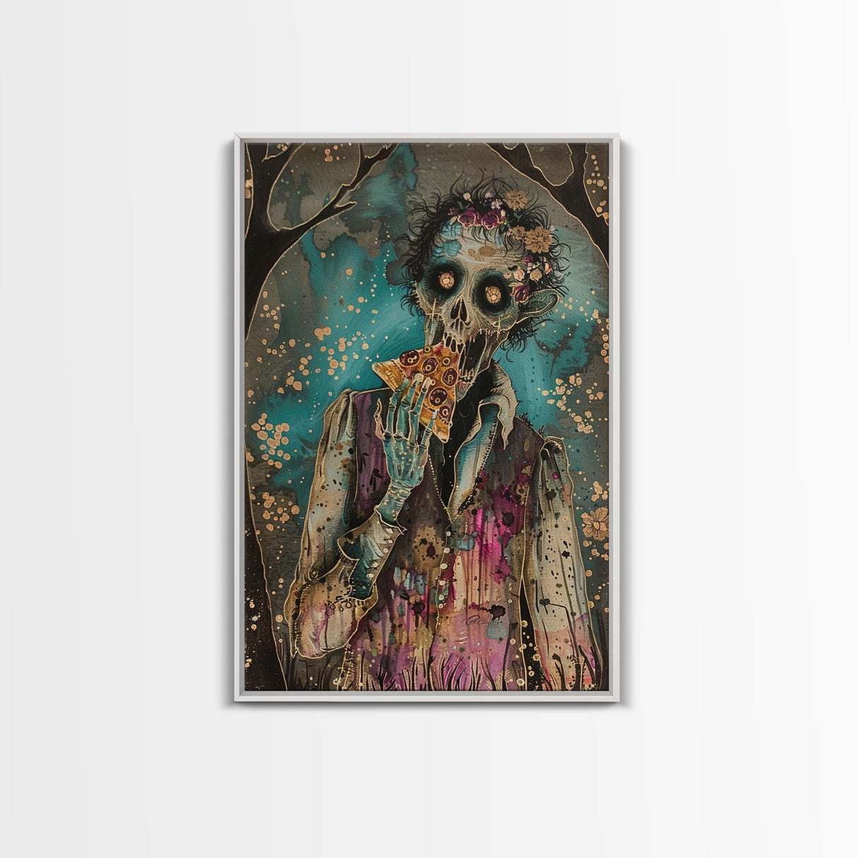 Halloween Zombie Eating Pizza, Framed Canvas Print, Wall Art, Living Room Decor, Spooky, Zombie Art, Original Painting, Home Decor