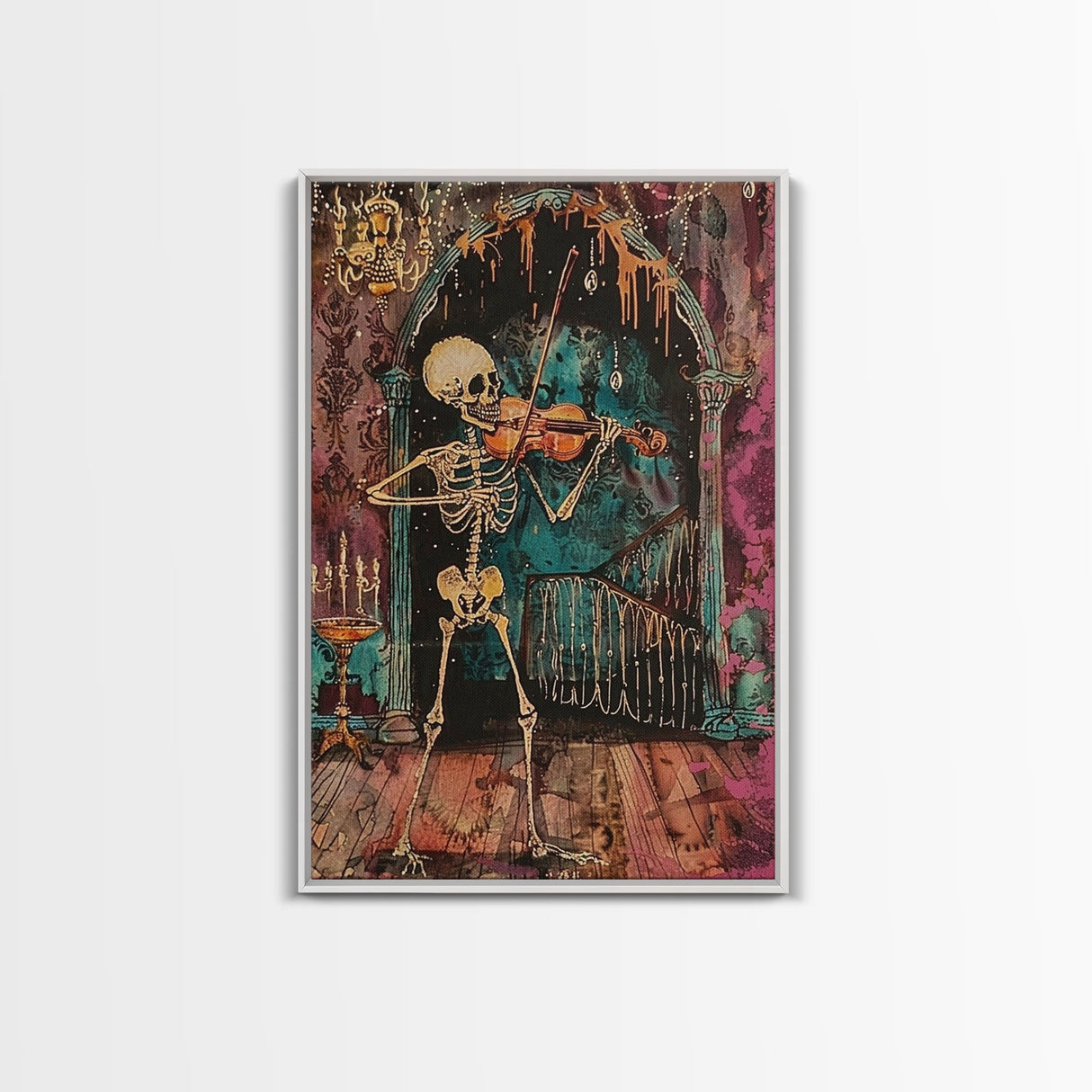 Halloween Skeleton Playing Violin, Framed Canvas Print, Wall Art, Living Room Decor, Spooky, Skeleton Art, Original Painting