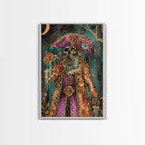 Halloween Pirate Skeleton with Pizza Framed Canvas Print, Spooky Decor, Living Room Art, Fun Halloween Wall Art Home Decor Vintage Style Art