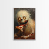 Halloween Ghost with Pizza Framed Canvas Print, Unique Spooky Decor, Living Room Art, Fun Halloween Wall Art, Home Decor, Retro Style Art