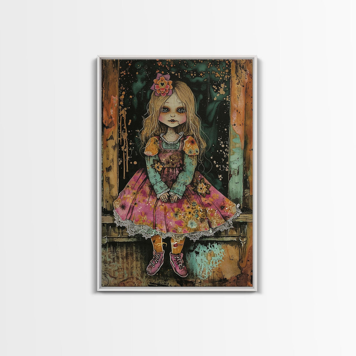 Halloween Witch in Forest Framed Canvas Print, Spooky Decor, Living Room Art, Whimsical Halloween Wall Art, Home Decoration, Retro Style Art