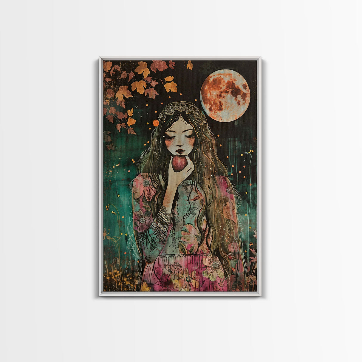 Ghostly Witch With Red Apple, Framed Canvas Print, Wall Art, Spooky Decor, Halloween Decoration, Living Room Art, Unique Gift