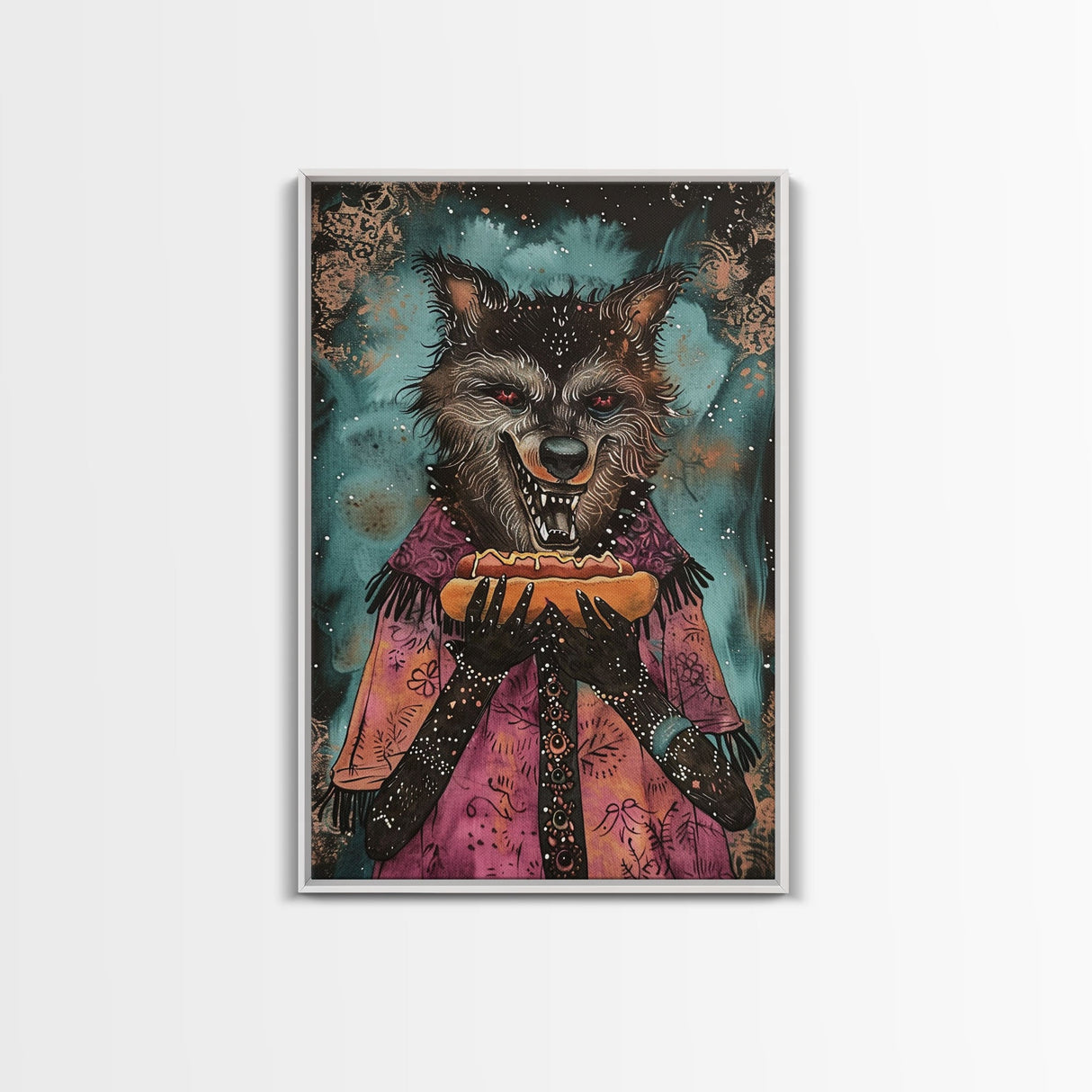 Halloween Werewolf with Hotdog, Framed Canvas Print, Wall Art, Home Decor, Spooky Artwork, Monster Decor, Halloween Decor, Funny Halloween