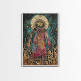 Creepy Moonlit Scarecrow Framed Canvas Print | Halloween Art | Spooky Harvest Artwork | Sinister Scarecrow Art for Home Decor