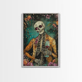 Skeleton Gentleman with Wine Glass Framed Canvas Print, Halloween Art, Creepy Wall Art, Spooky Home Decor, Scary Art, Unique Wall Decor