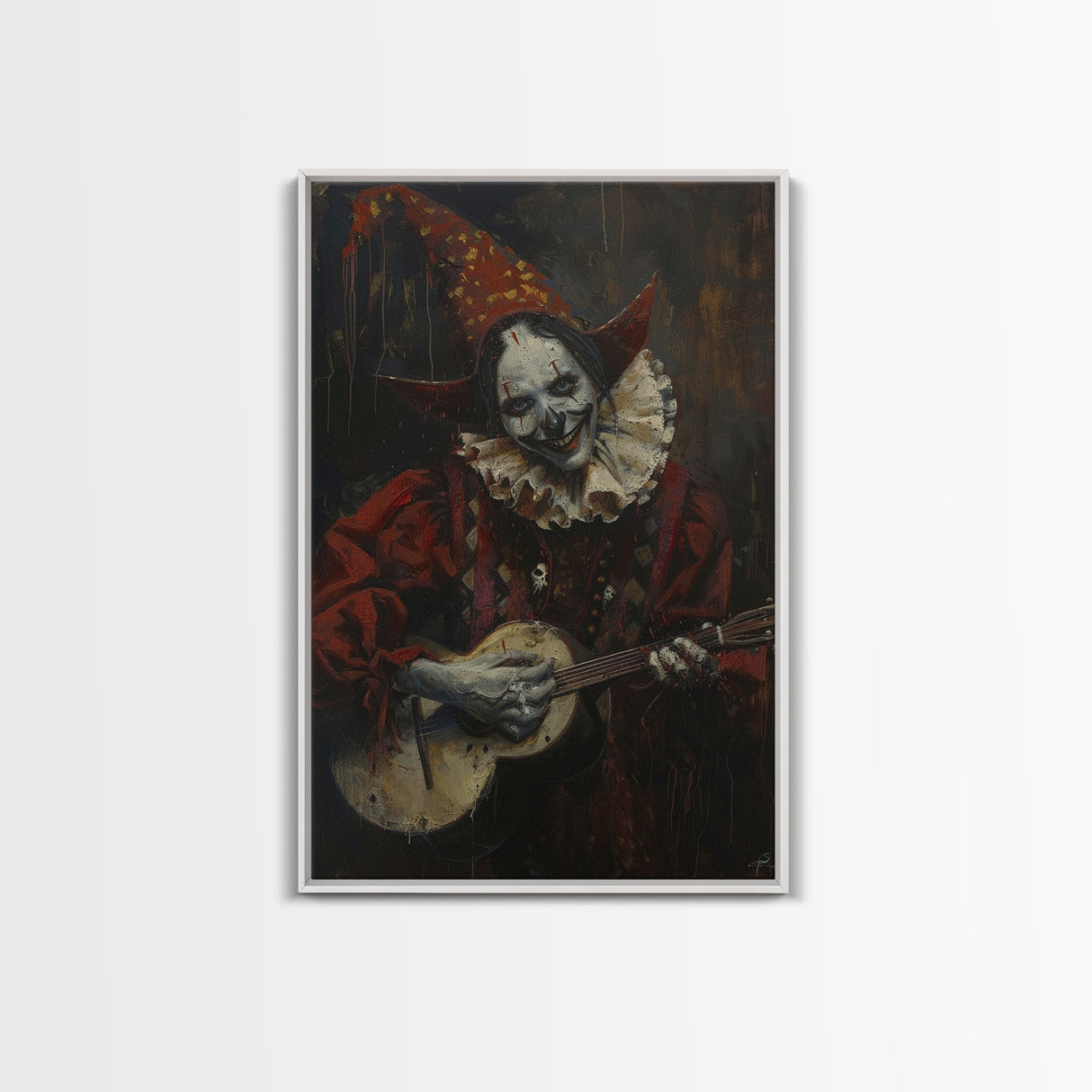 Creepy Clown Playing Guitar, Framed Canvas Print, Spooky Circus Art, Halloween Wall Decor, Horror Clown Illustration, Creepy Home Decor