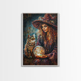 Enchanting Witch with Crystal Ball, Framed Canvas Print, Mystical Halloween Art, Spooky Witch Decor, Witchcraft Illustration, Magical Decor