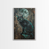 Black Cat with Piercing Green Eyes, Framed Canvas Print, Spooky Cat Art, Witchy Feline Decor, Halloween Wall Art, Gothic Cat Decor