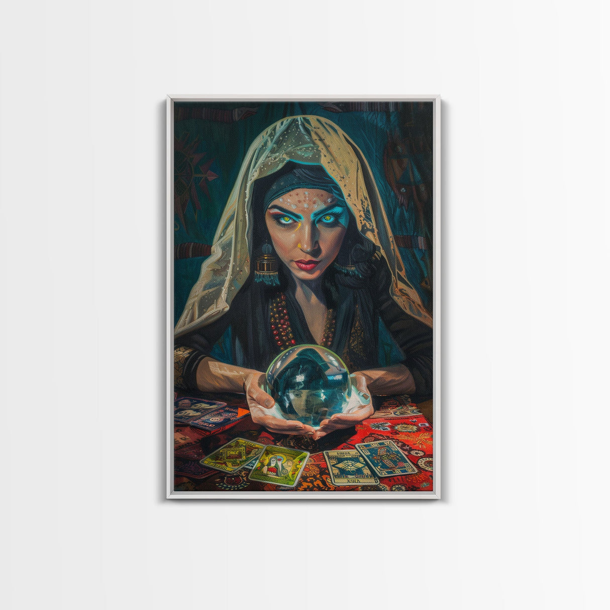 Enchanting Fortune Teller with Crystal Ball Under Moonlight - Mystical Witchcraft Framed Canvas Print, Halloween Gothic Home Decor