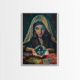 Enchanting Fortune Teller with Crystal Ball Under Moonlight - Mystical Witchcraft Framed Canvas Print, Halloween Gothic Home Decor