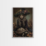 Mystical Witch with Deer in Enchanted Forest - Halloween Art Framed Canvas Print, Spooky Home Wall Decor