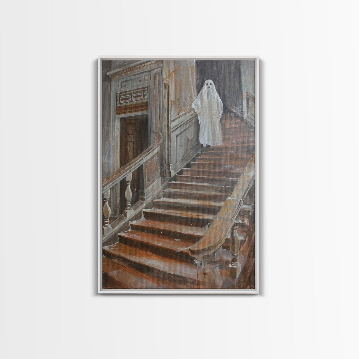 Ghost On Stairs Canvas Print - Halloween Art, Spooky Home Decor, Ghost Wall Art, Haunted House Decor, Halloween Decor, Framed Canvas Print