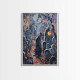 Jack-o'-Lantern Graveyard Canvas Print - Halloween Art, Spooky Home Decor, Cemtary Wall Art Pumpkin Art Halloween Decor, Framed Canvas Print