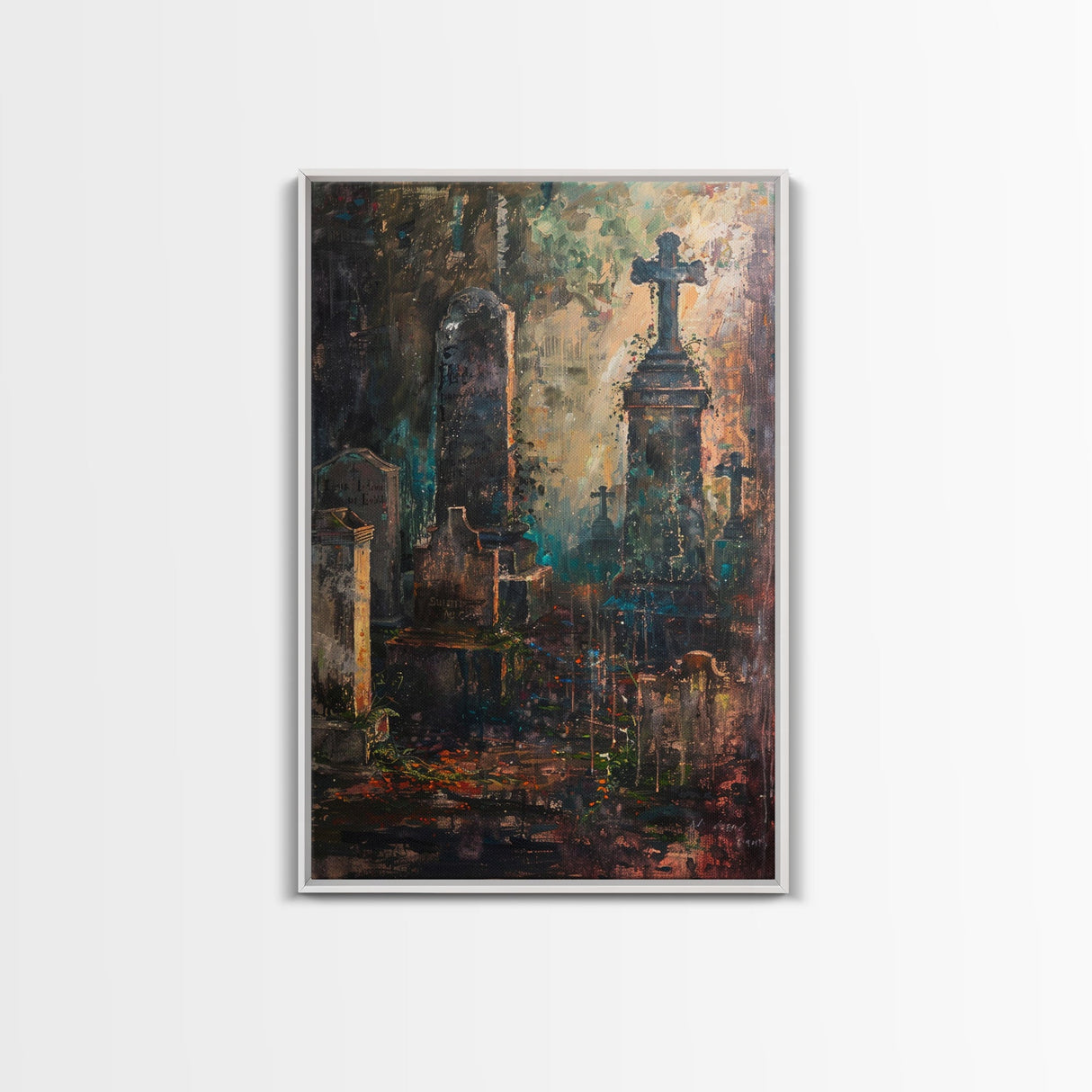 Gloomy Cemetery Halloween Art, Spooky Graveyard, Haunted Cemetery, Creepy Gravestones, Dark Artwork, Framed Canvas Print