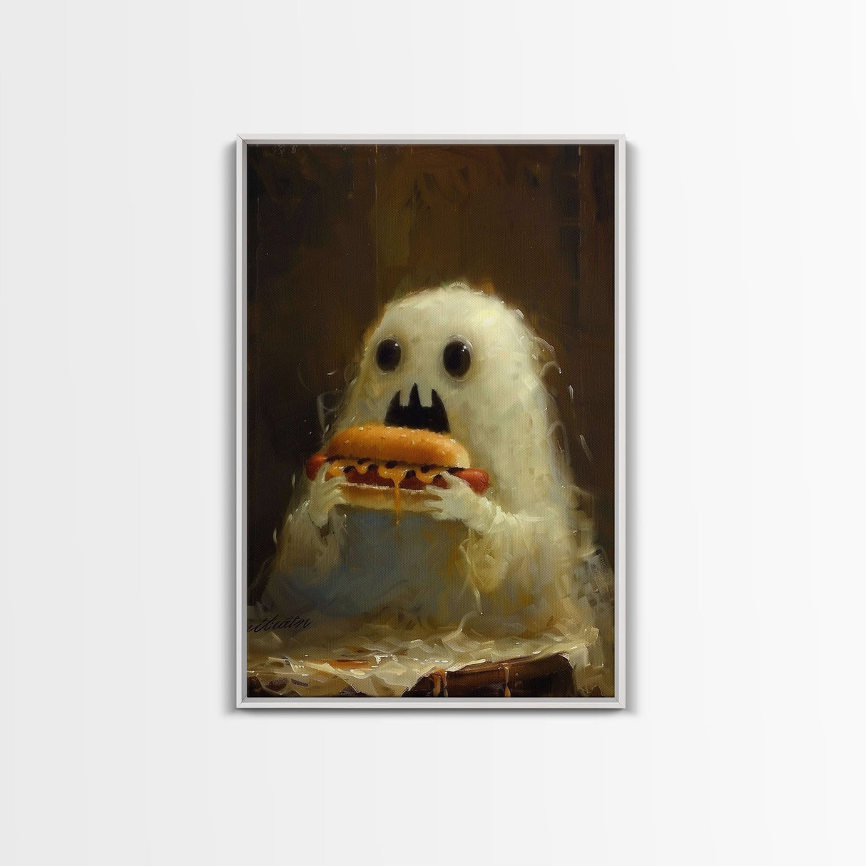 Cute Ghost Chompin on A Hot Dog, Ghostly Hot Dog Thief, Framed Canvas Print, Funny Halloween Spooky Season Art