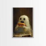Cute Ghost Chompin on A Hot Dog, Ghostly Hot Dog Thief, Framed Canvas Print, Funny Halloween Spooky Season Art