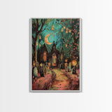 Gothic Churchyard with Moon and Lanterns Framed Canvas Print, Wall Art, Spooky Home Decor, Halloween Cemetery, Gothic Art, Haunted Graveyard