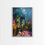 Haunted House with Glowing Windows Framed Canvas Print, Halloween Wall Art, Spooky Art, Home Decor, Living Room Decor, Gothic Artwork