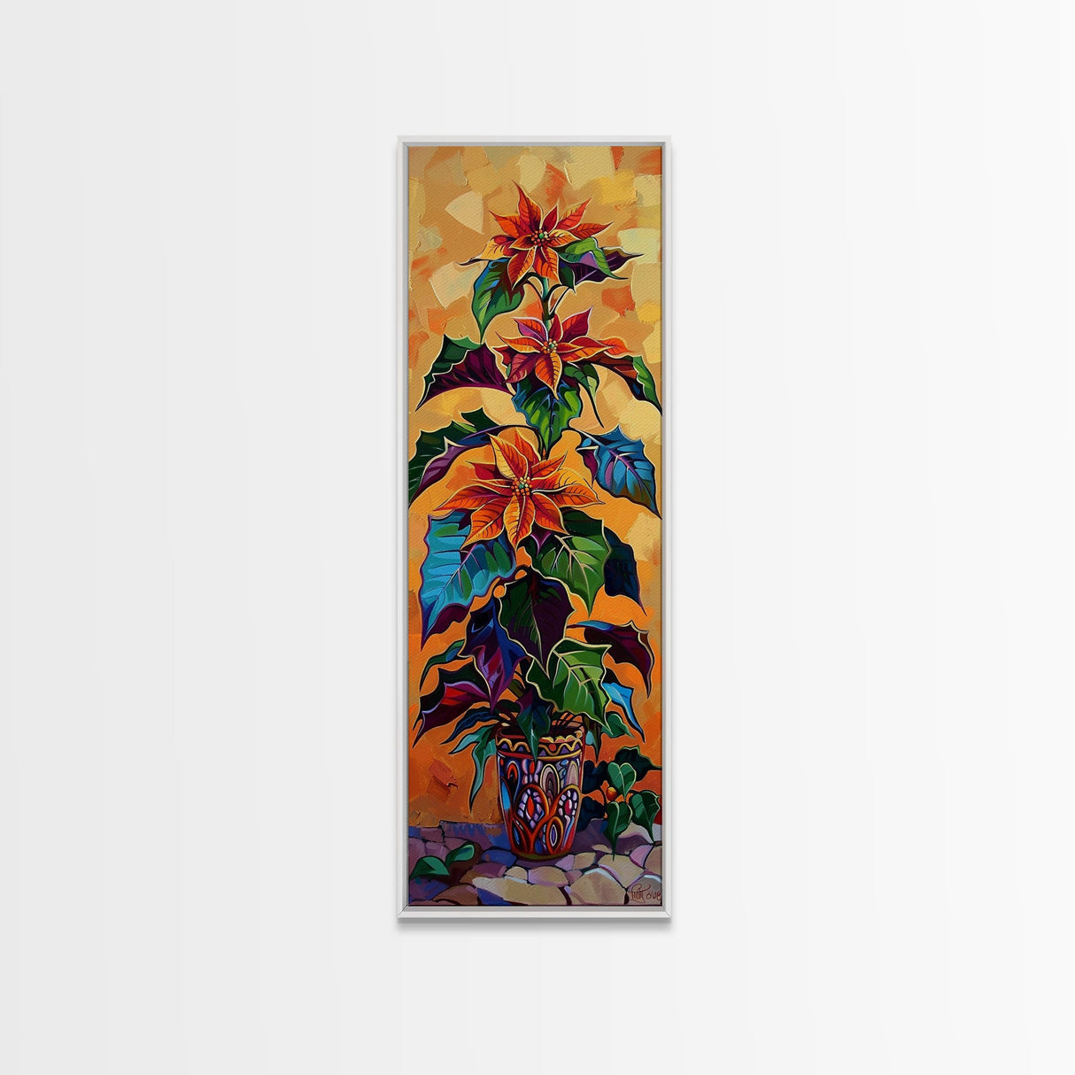 Oversized Spanish Style Poinsettia Canvas Painting Framed and Printed, Botanical Wall Art, Textured Canvas Painting, Vertical Framed Art