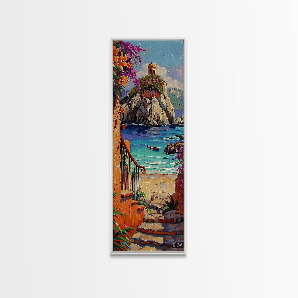 Coastal Wall Art Framed and Printed on Canvas, Surf Wall Art, Textured Canvas Painting Framed, Narrow Modern Wall Art for Office