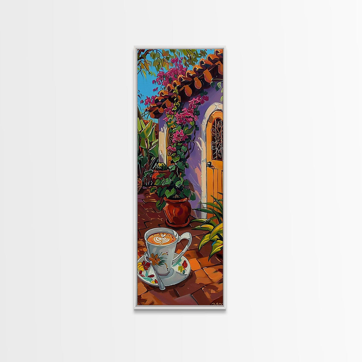 Rustic Garden Oil Painting Framed and Printed on Canvas, Tall Narrow Triptych Art Print, Coastal Art, Coffee Art, Contemporary Art Print