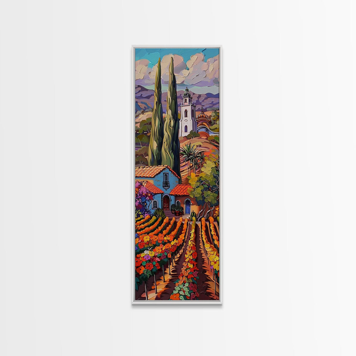 Tuscan Style Landscape Art Print of Spanish Countryside Framed on Canvas, Long Narrow Wall Art Print for Living Room, Colorful Wall Art