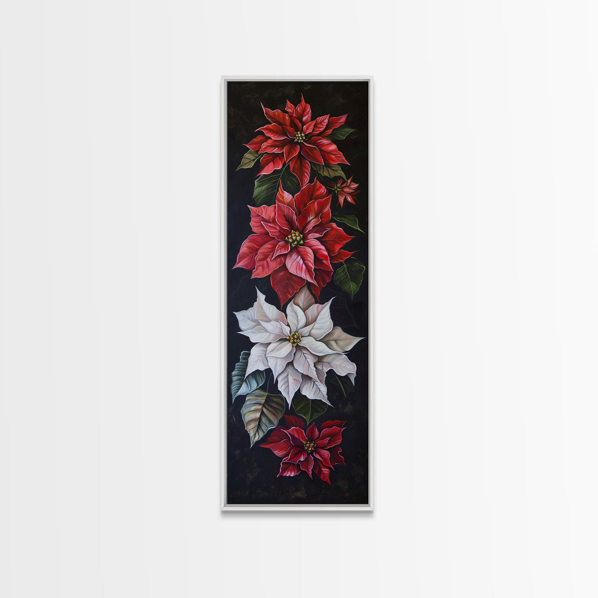 Colorful Botanical Poinsettia Canvas Art Printed and Framed, Vertical Tall and Narrow Floral Art Print, Modern Wall Art, Housewarming Gift