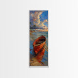Red Boat on Sandy Shore with Palm Trees - Framed Canvas Print, Midcentury Modern Wall Art, Skinny Art, Tall Art, Living Room Decor