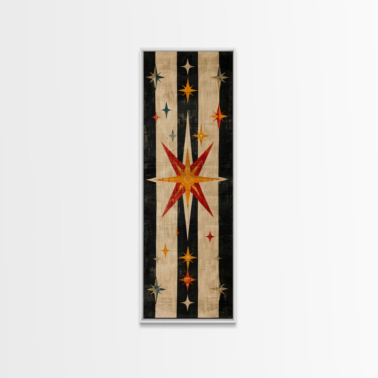 Starburst Pattern in Midcentury Style - Framed Canvas Print, Midcentury Modern Wall Art, Skinny Art, Tall Art, Living Room Decor