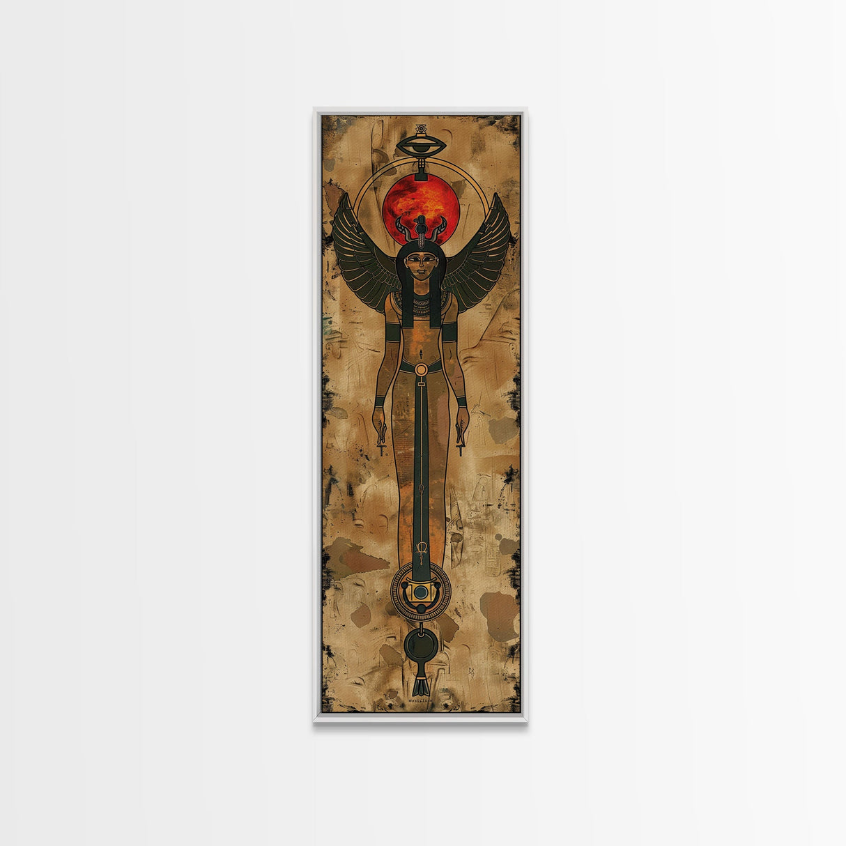 Egyptian Art Depiction of Goddess Isis - Framed Canvas Print, Midcentury Modern Wall Art, Skinny Art, Tall Art, Living Room Decor