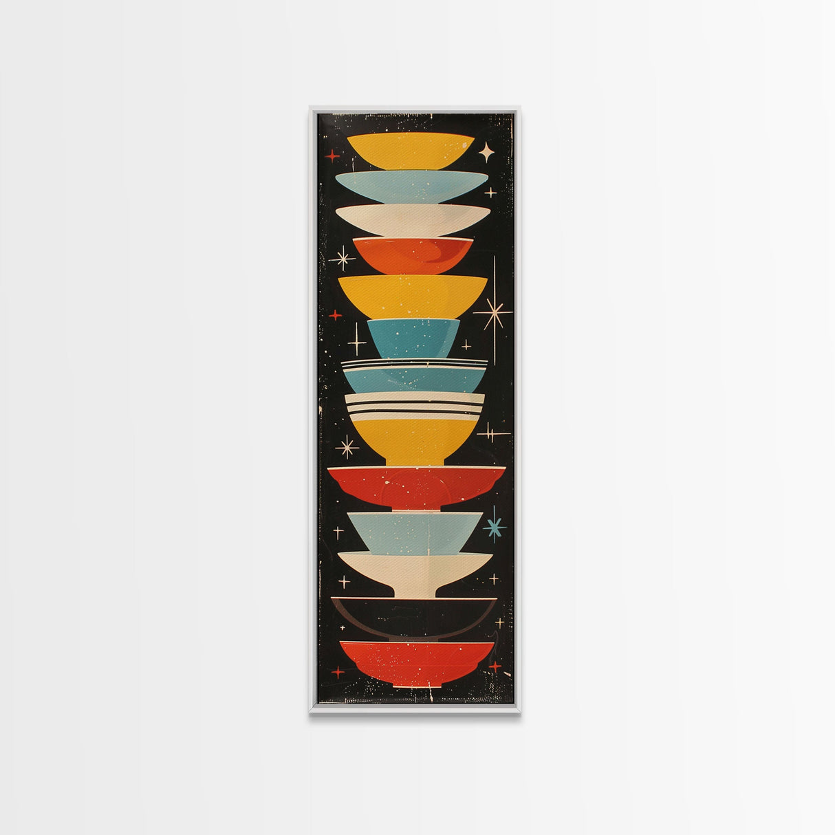 Retro Stacked Bowls Art in Midcentury Style - Framed Canvas Print, Skinny Tall Art for Living Room or Bedroom Decor