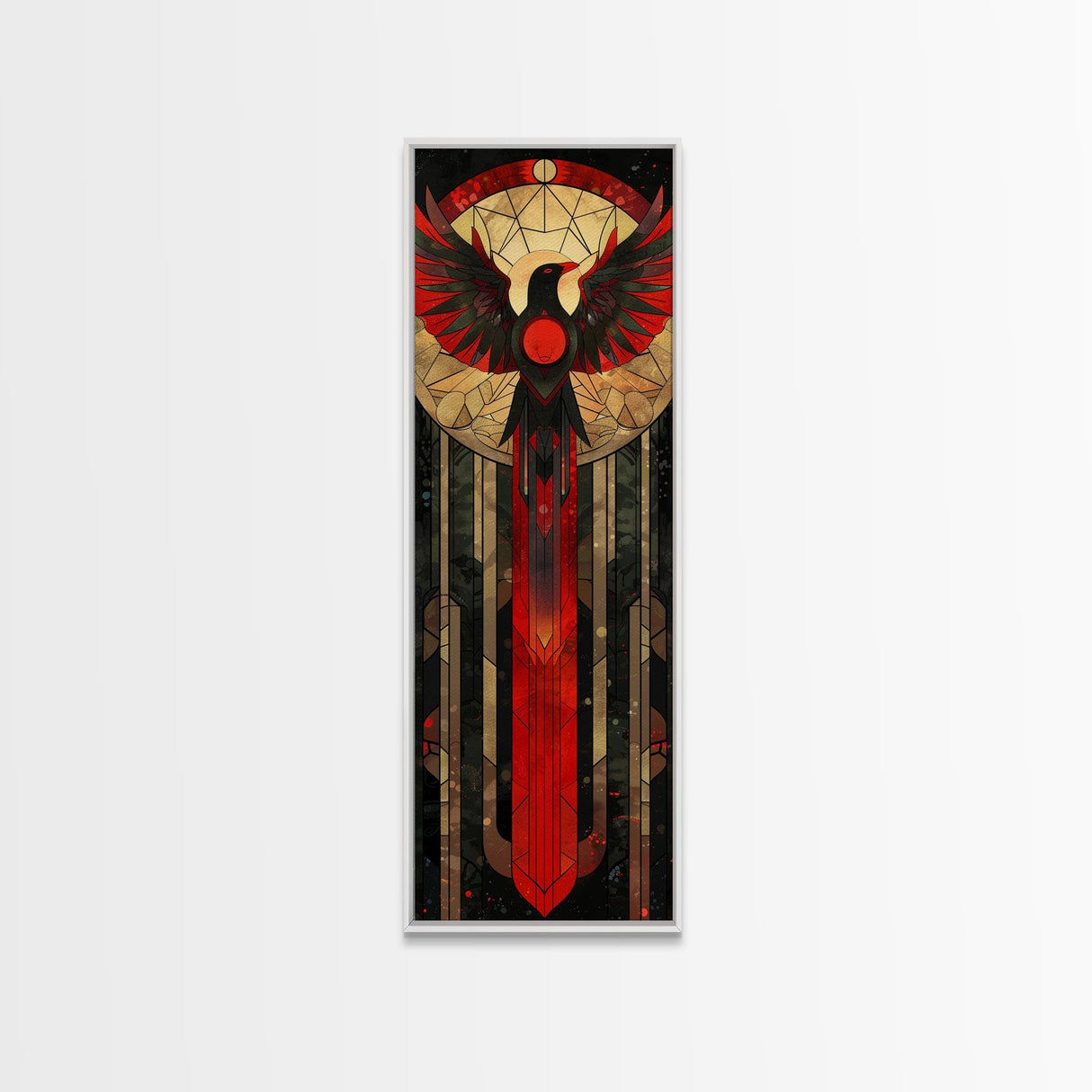Red and Gold Phoenix Design on Geometric Background - Framed Canvas Print, Midcentury Modern Art, Skinny Art, Tall Art, Living Room Wall Decor, Boho Art