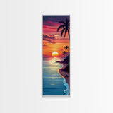 Coastal Sunset Palm Trees Midcentury Modern Art - Framed Canvas Print, Boho Art, Skinny Art, Living Room Art, Bedroom Decor, Tropical Landscape