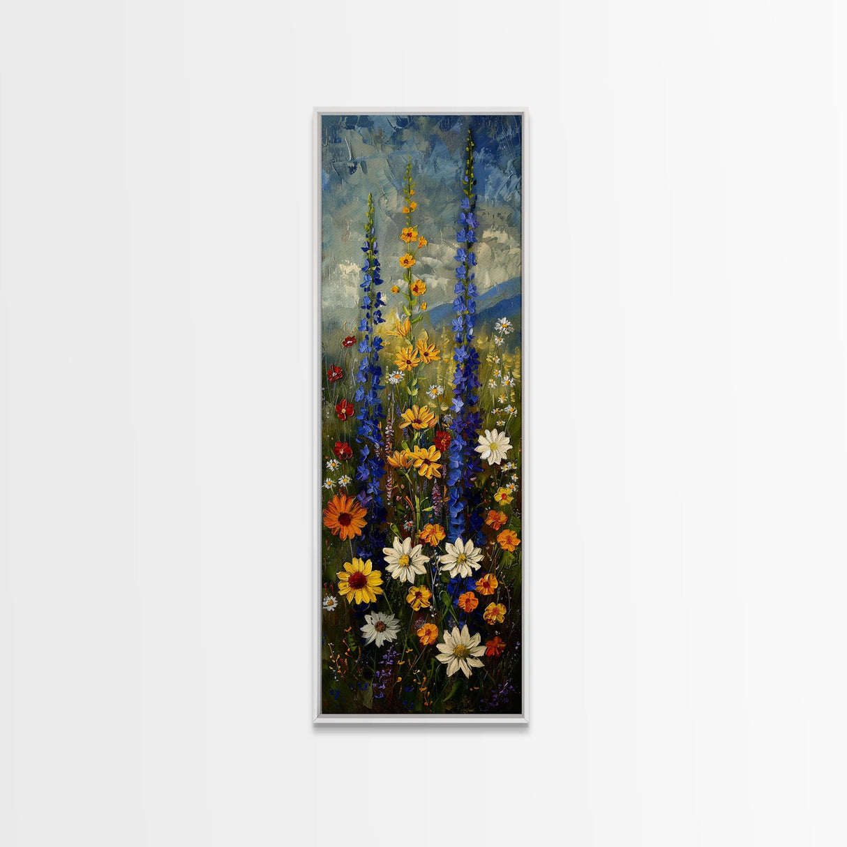Lush Wildflowers in a Vibrant Meadow, Skinny and Tall Art, Colorful Floral Landscape, Framed Canvas Print, Nature Lovers