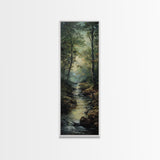 Peaceful Forest Stream in the Early Morning Light, Skinny and Tall Art, Framed Canvas Print, Cozy Wall Art Decor