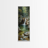 Framed Canvas Print Skinny Art of a Serene Waterfall Cascading into a Tranquil Pool in a Lush Forest Landscape, Perfect Tall Art for Nature Lovers