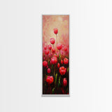 Vibrant Red Tulips in Bloom Against a Soft Pink Background on a Framed Canvas Print Skinny Art Piece