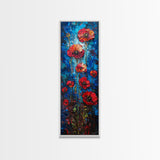 Red Poppies on Textured Blue Canvas as Tall Skinny Art Framed Canvas Print Perfect for Bold Wall Decor in Modern Spaces