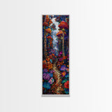 Fantasy Forest Pathway with Giant Mushrooms as Tall Skinny Art Framed Canvas Print for Whimsical Wall Decor in Unique Spaces