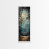Tree Swing At Midnight Framed Canvas Print, Secret Garden, Dark Academia, Whimsical Minimalist Wall Art, Night Time Under a Crescent Moon