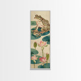 Frogs On Lily Pads Canvas In Japanese Ukiyo-e Style, Traditional Woodblock Print, Framed Canvas Print, Tall Skinny Japanese Wall Art, Ready To Hang