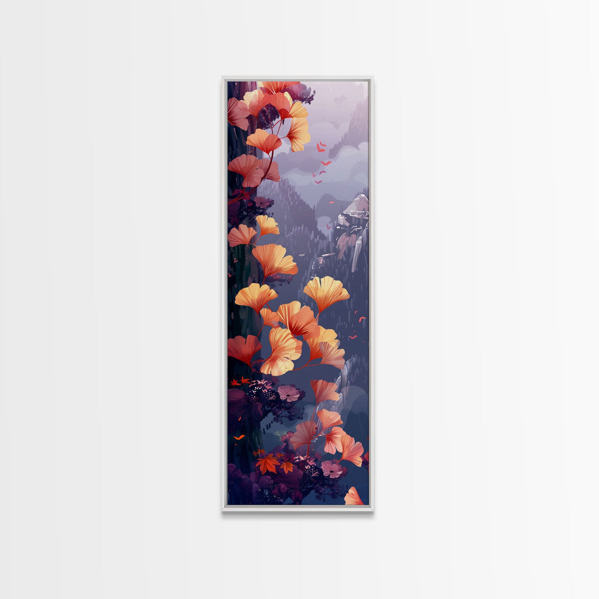 Ethereal Autumn Ginkgo Leaves Skinny Art Tall Art Japanese Ukiyo-e Inspired Botanical Framed Canvas Print