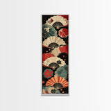 Japanese-Inspired Fan Art in Bold Red and Cream Accents on Tall Vertical Canvas Print Featuring Elegant Floral Design