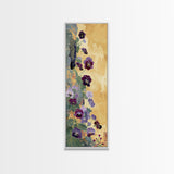 Deep Purple Pansy Flowers Against Textured Gold Background on Tall Vertical Canvas Print for Rich Floral Wall Decor